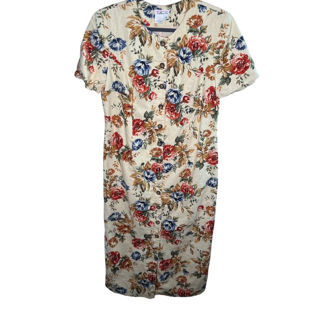 Vintage Talbots Linen Blend Floral Midi Dress Short Sleeve Women's Size 14 READ